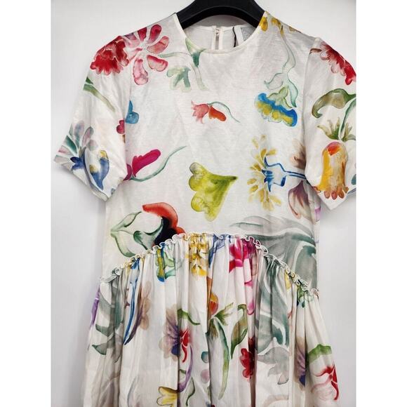 NWD ROSIE ASSOULIN Ebbs and Flows gathered floral linen mini dress Size 2 #2A501 - Picture 4 of 10